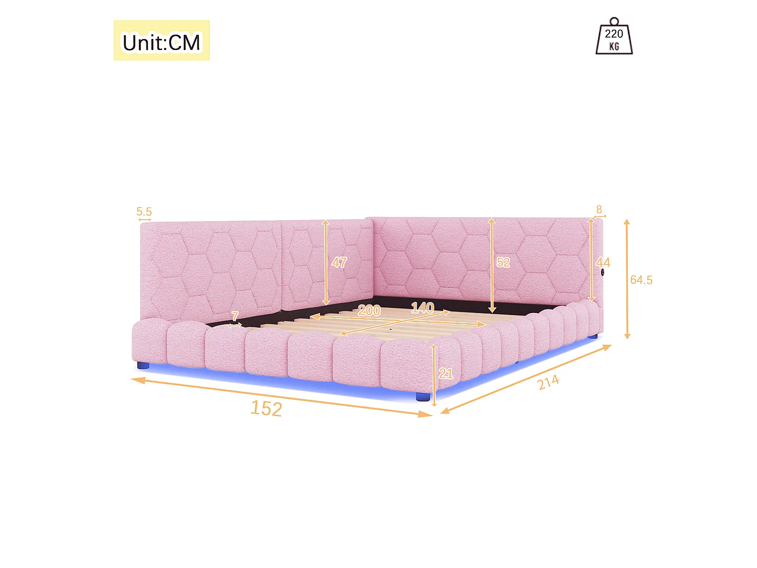 Canapé-lit 140 × 200 cm, lit avec sommier à lattes, éclairage d'ambiance à 16 couleurs, port USB-C, tissu imitation peluche, rose