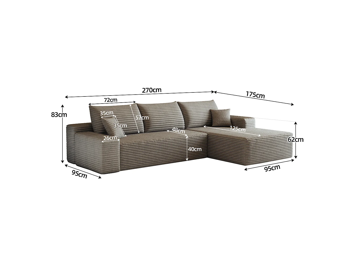 Canapé d'angle modulaire sans armature, avec partie en L à droite, assise profonde, prêt à l'emploi, couleur camel