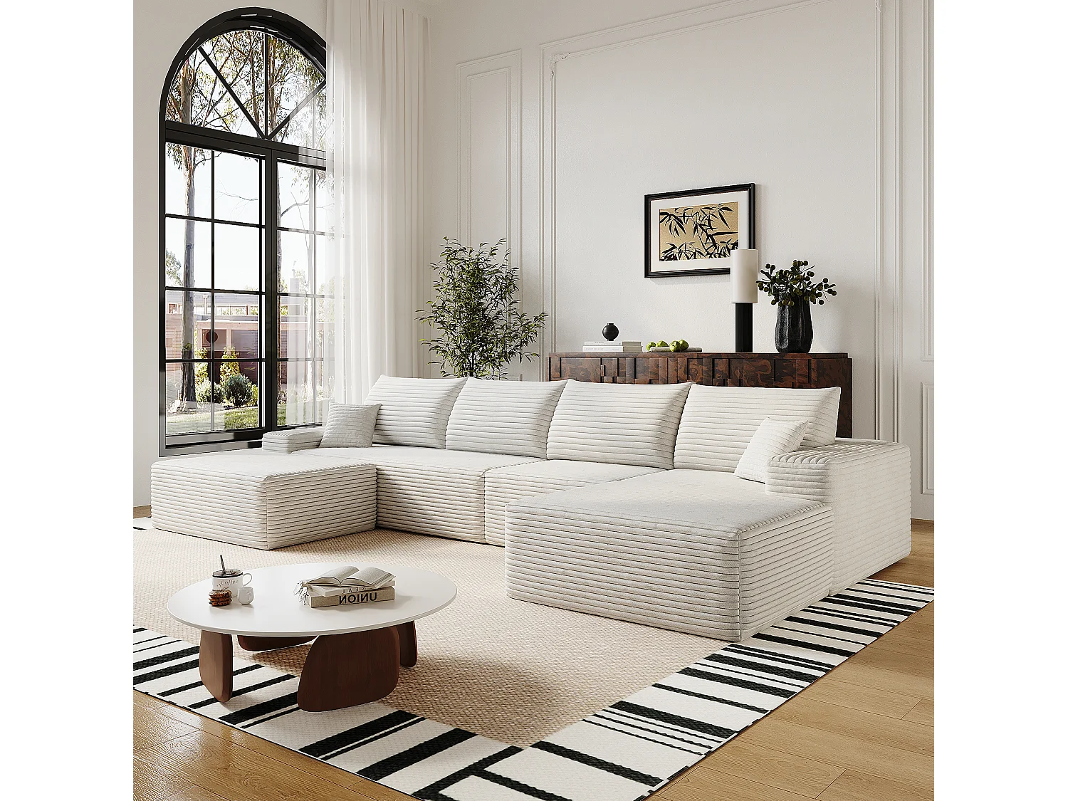 Canapé d'angle modulaire, en L à droite, 5 places + un repose-pieds, coussins d'assise profonds, prêt à l'emploi, blanc