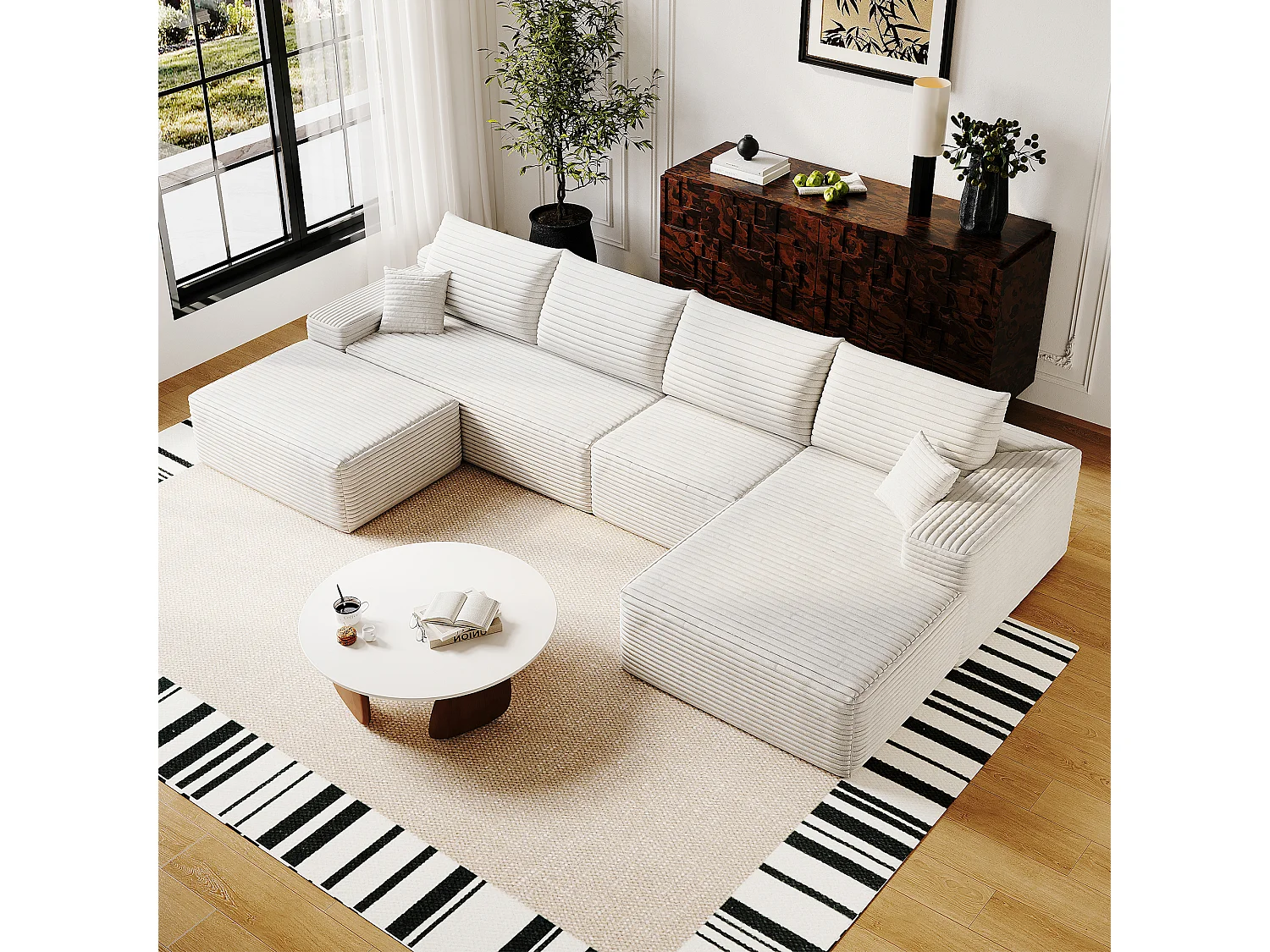 Canapé d'angle modulaire, en L à droite, 5 places + un repose-pieds, coussins d'assise profonds, prêt à l'emploi, blanc