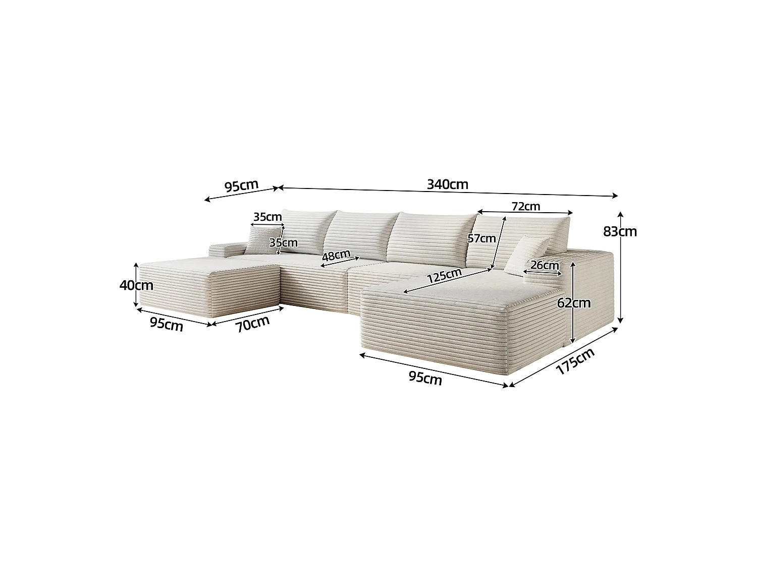 Canapé d'angle modulaire, en L à droite, 5 places + un repose-pieds, coussins d'assise profonds, prêt à l'emploi, blanc