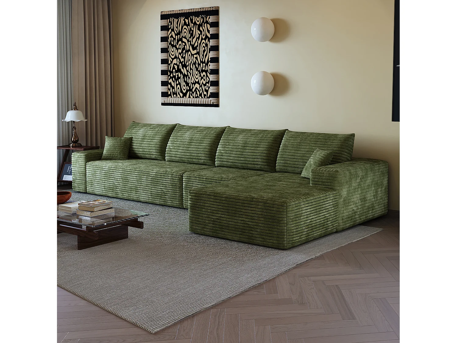Canapé d'angle modulaire sans armature, en L à droite, avec des coussins d'assise profonds, prêt à l'emploi, vert