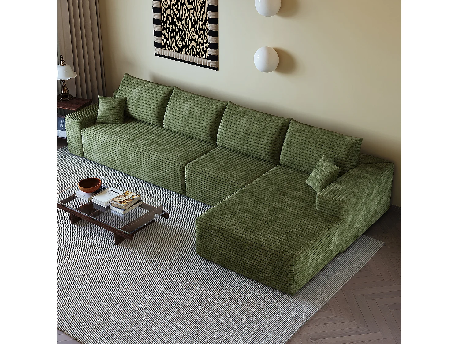 Canapé d'angle modulaire sans armature, en L à droite, avec des coussins d'assise profonds, prêt à l'emploi, vert