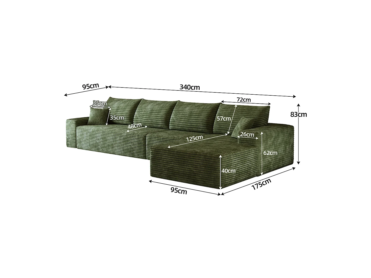 Canapé d'angle modulaire sans armature, en L à droite, avec des coussins d'assise profonds, prêt à l'emploi, vert