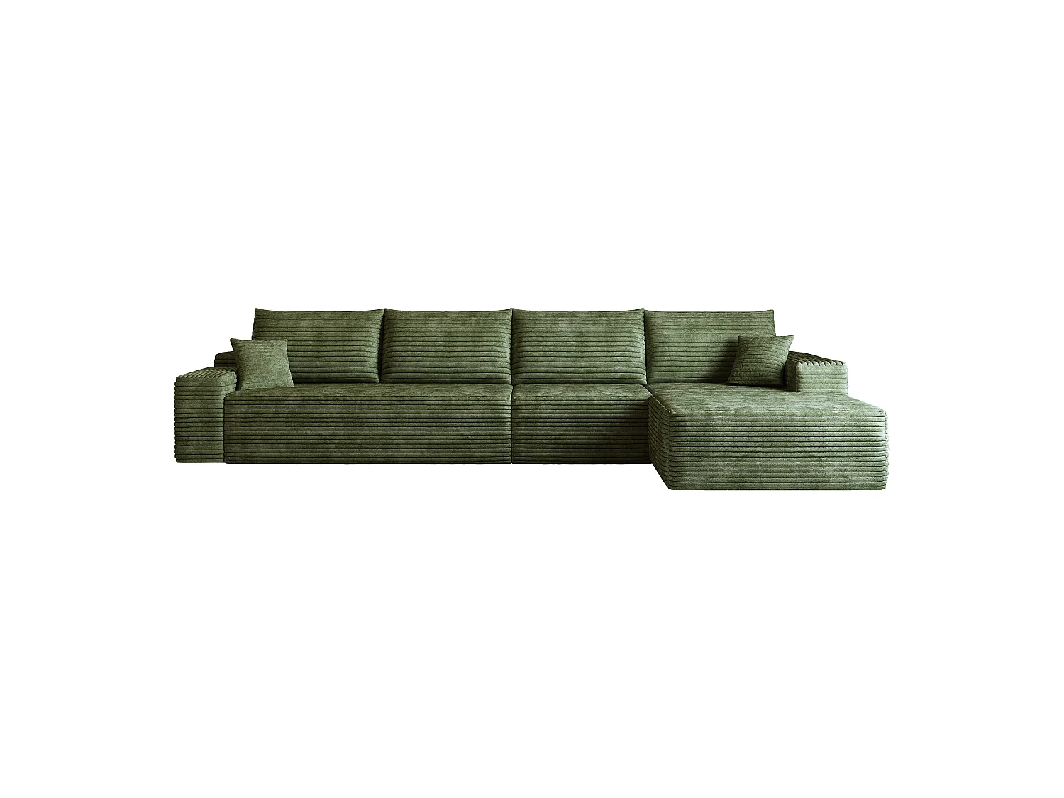 Canapé d'angle modulaire sans armature, en L à droite, avec des coussins d'assise profonds, prêt à l'emploi, vert