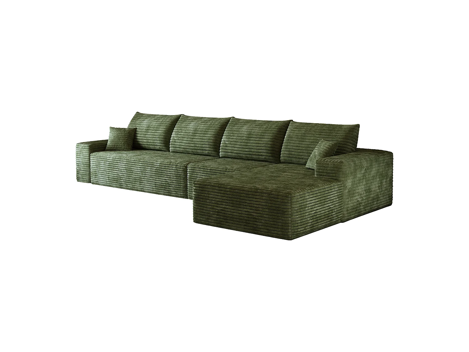 Canapé d'angle modulaire sans armature, en L à droite, avec des coussins d'assise profonds, prêt à l'emploi, vert