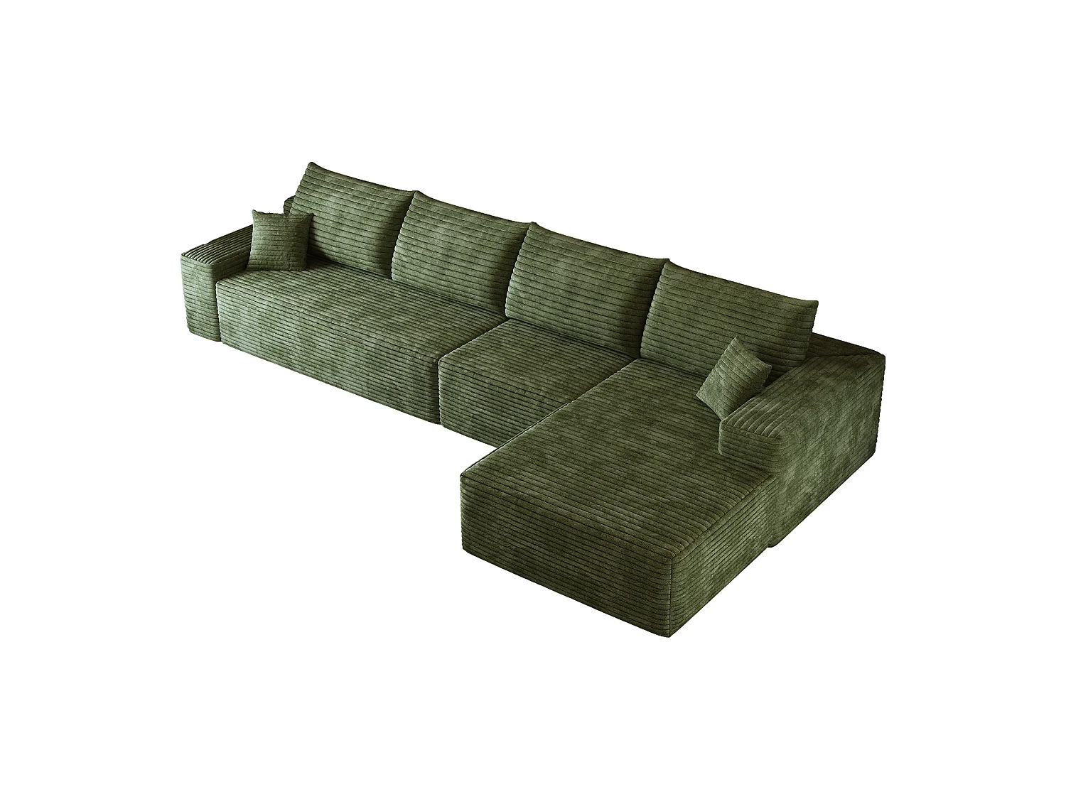 Canapé d'angle modulaire sans armature, en L à droite, avec des coussins d'assise profonds, prêt à l'emploi, vert