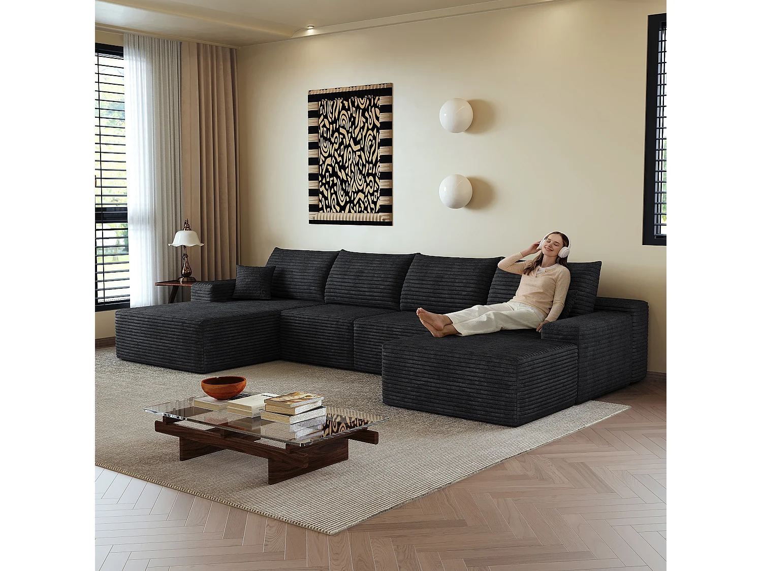 Canapé d'angle modulaire, en L à gauche, 5 places + un repose-pieds, coussins d'assise profonds, prêt à l'emploi, noir