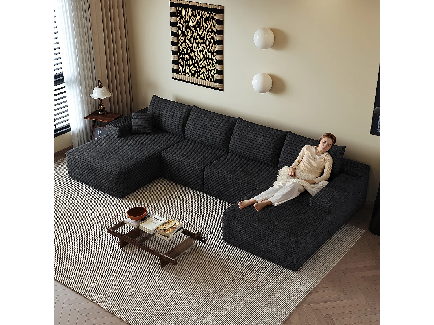 Canapé d'angle modulaire, en L à gauche, 5 places + un repose-pieds, coussins d'assise profonds, prêt à l'emploi, noir