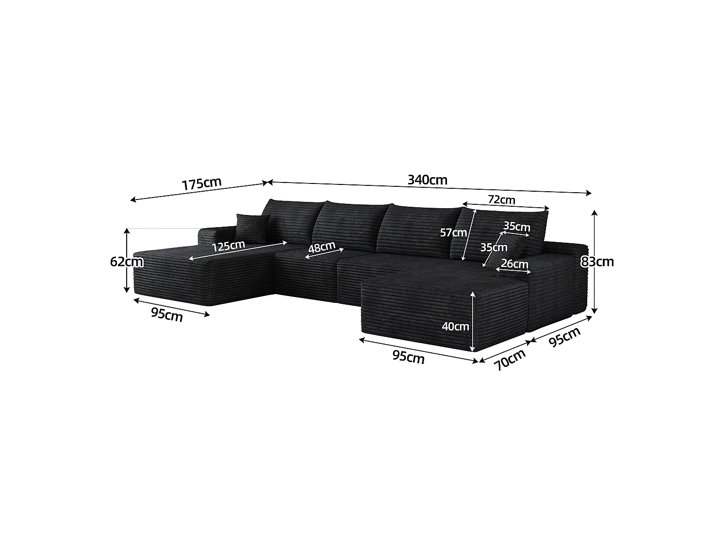 Canapé d'angle modulaire, en L à gauche, 5 places + un repose-pieds, coussins d'assise profonds, prêt à l'emploi, noir