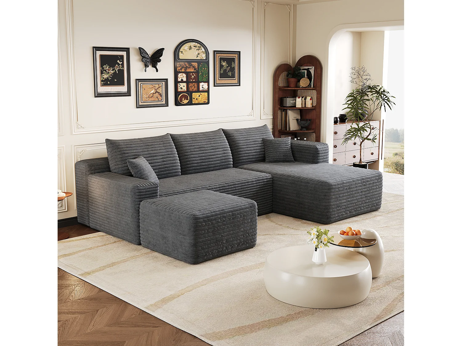 Canapé en L avec méridienne à droite, assise profonde, style minimaliste moderne, motif « nuages », prêt à l'emploi, gris foncé