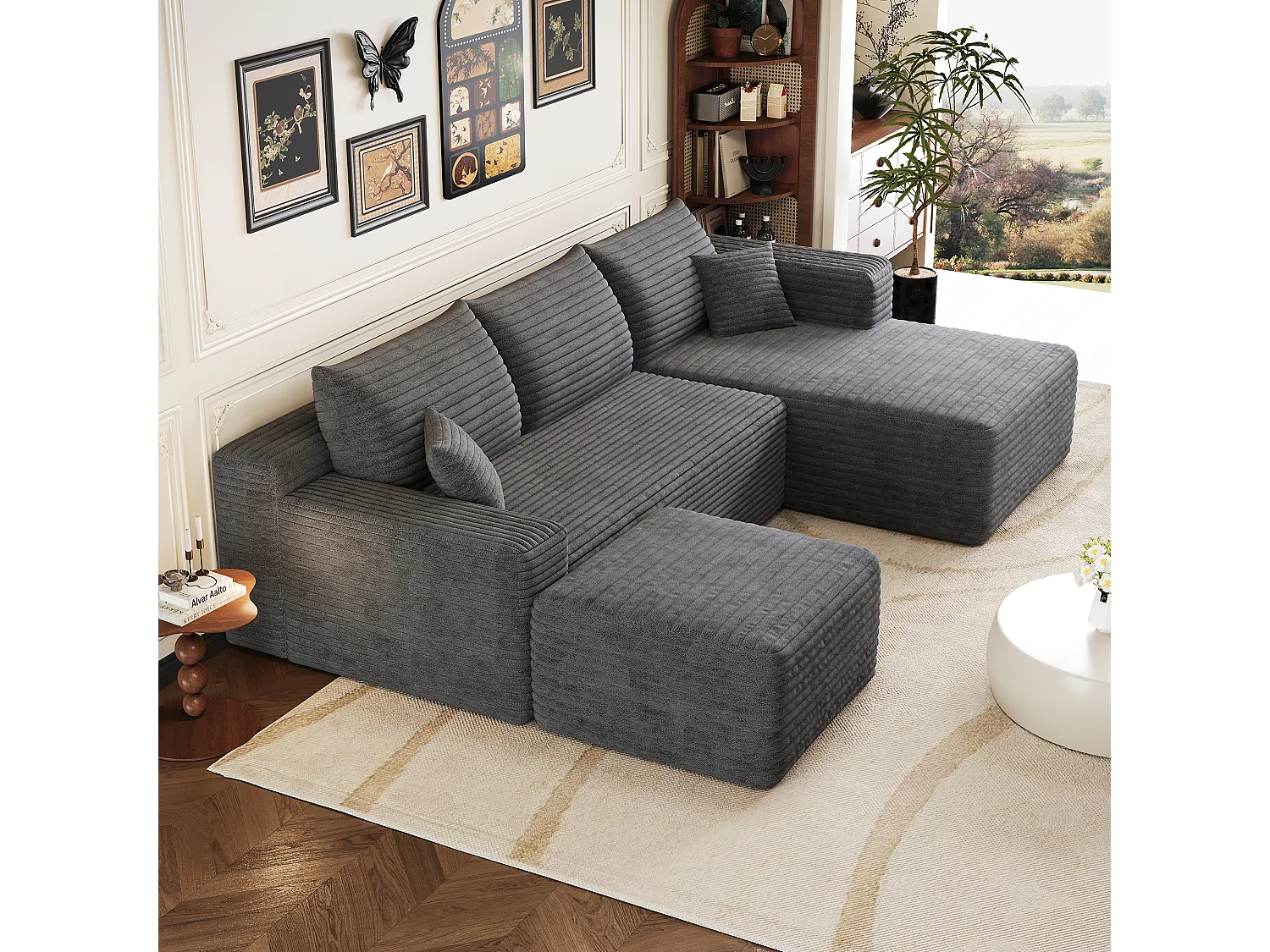 Canapé en L avec méridienne à droite, assise profonde, style minimaliste moderne, motif « nuages », prêt à l'emploi, gris foncé