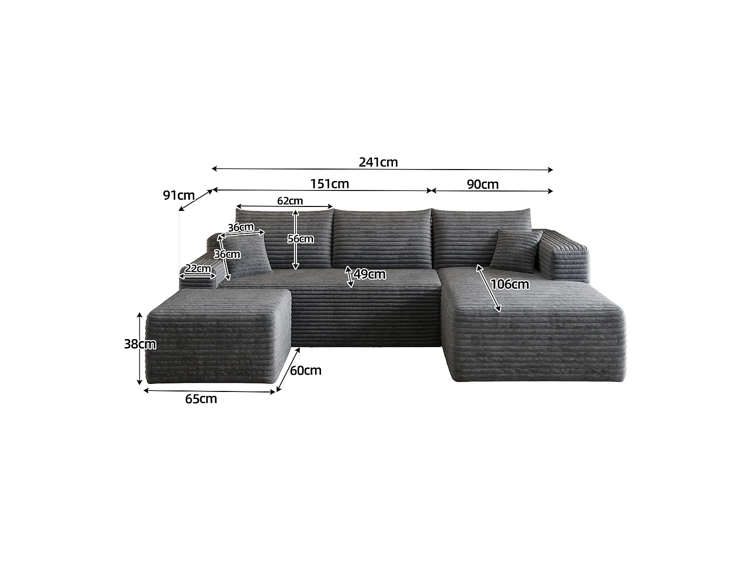Canapé en L avec méridienne à droite, assise profonde, style minimaliste moderne, motif « nuages », prêt à l'emploi, gris foncé