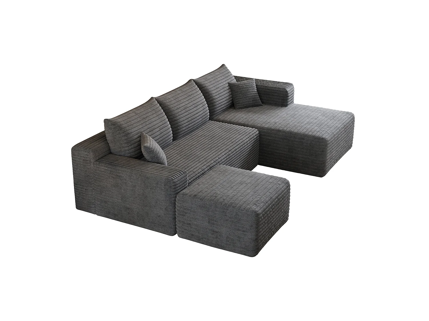Canapé en L avec méridienne à droite, assise profonde, style minimaliste moderne, motif « nuages », prêt à l'emploi, gris foncé