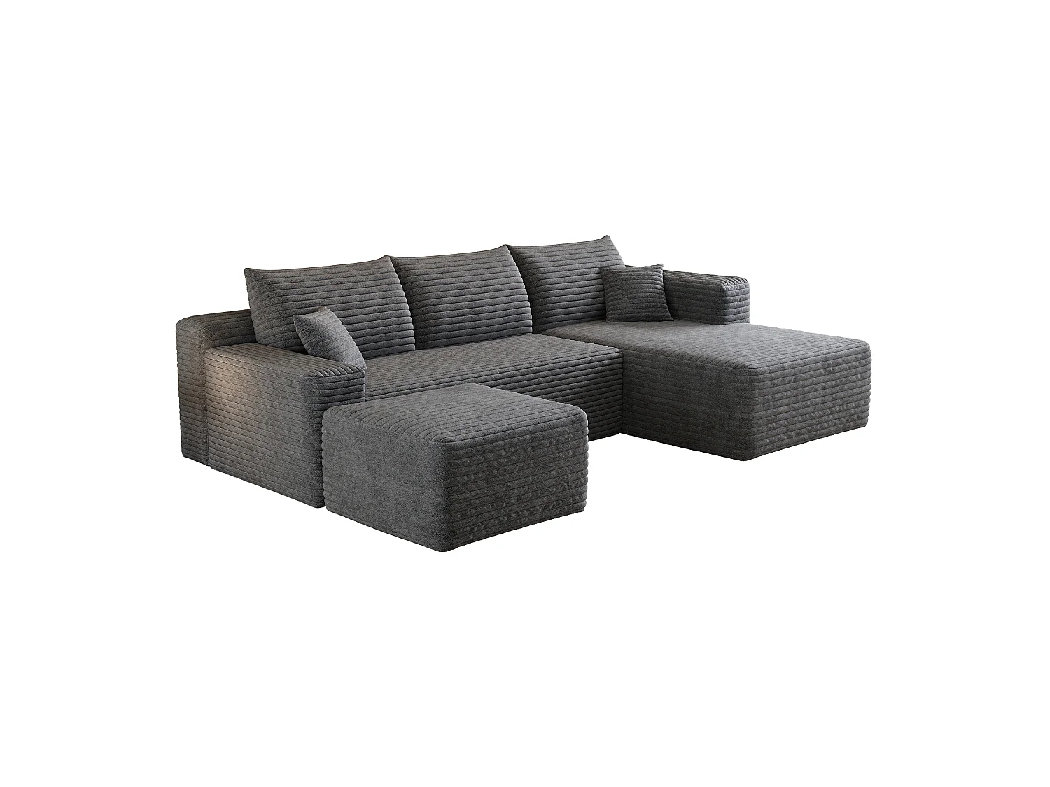 Canapé en L avec méridienne à droite, assise profonde, style minimaliste moderne, motif « nuages », prêt à l'emploi, gris foncé
