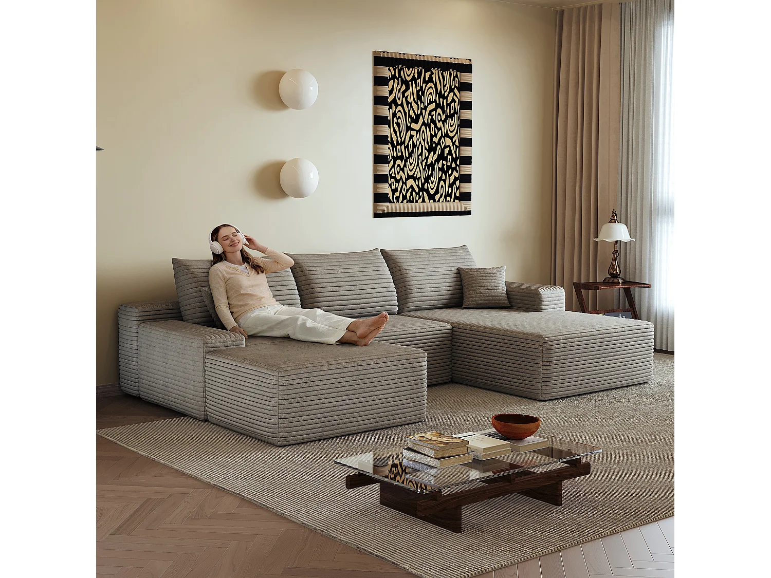 Canapé d'angle sans armature, en L à droite, avec des coussins d'assise profonds, 2 places + 1 repose-pieds, prêt à l'emploi, couleur camel