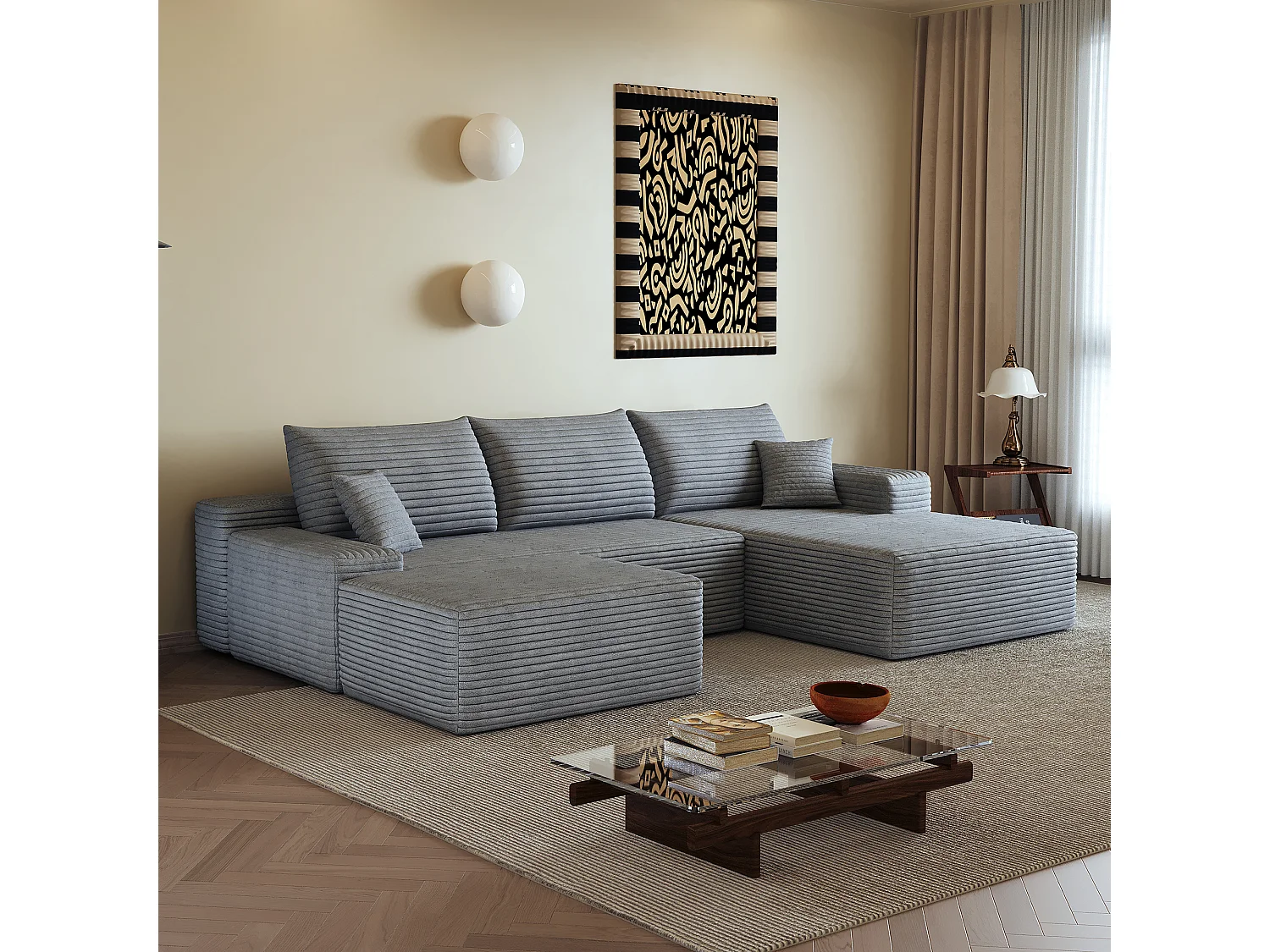Canapé d'angle sans armature, en L à droite, avec des coussins d'assise profonds, 2 places + 1 repose-pieds, prêt à l'emploi, gris