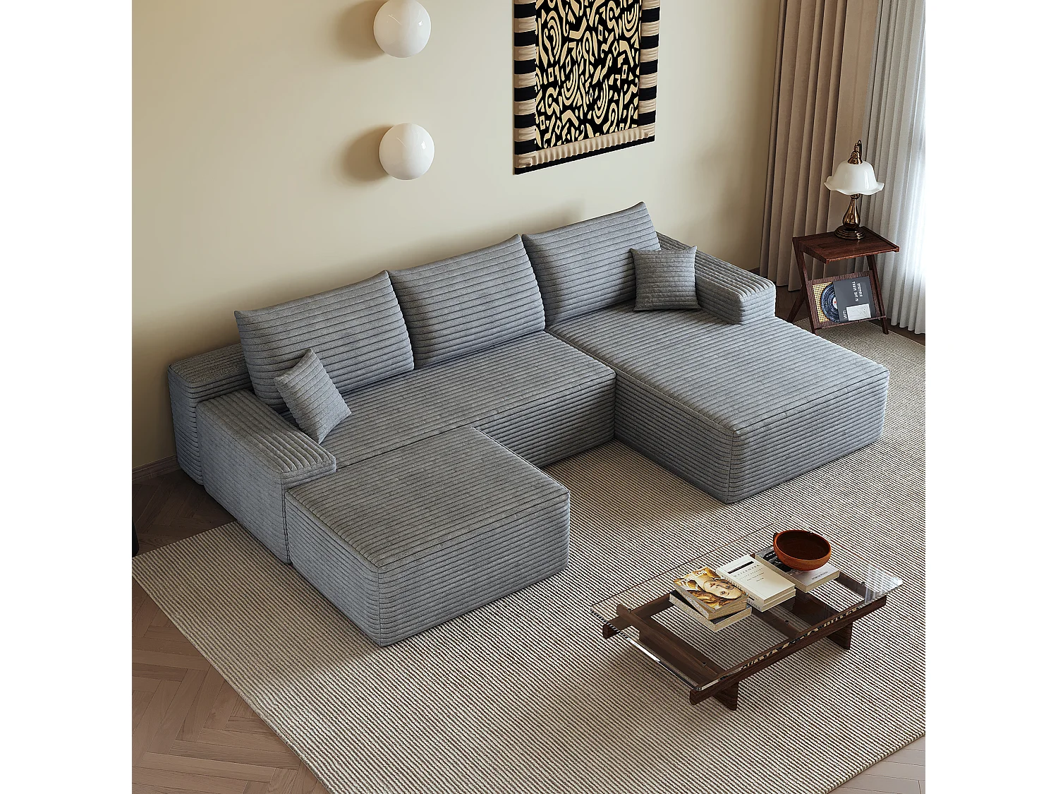 Canapé d'angle sans armature, en L à droite, avec des coussins d'assise profonds, 2 places + 1 repose-pieds, prêt à l'emploi, gris