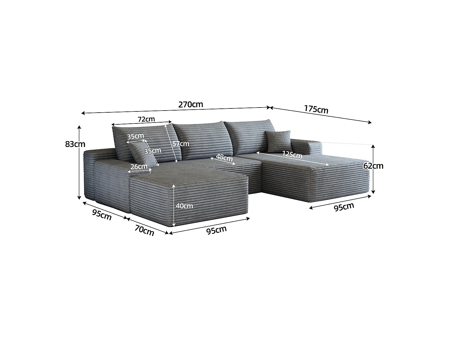 Canapé d'angle sans armature, en L à droite, avec des coussins d'assise profonds, 2 places + 1 repose-pieds, prêt à l'emploi, gris
