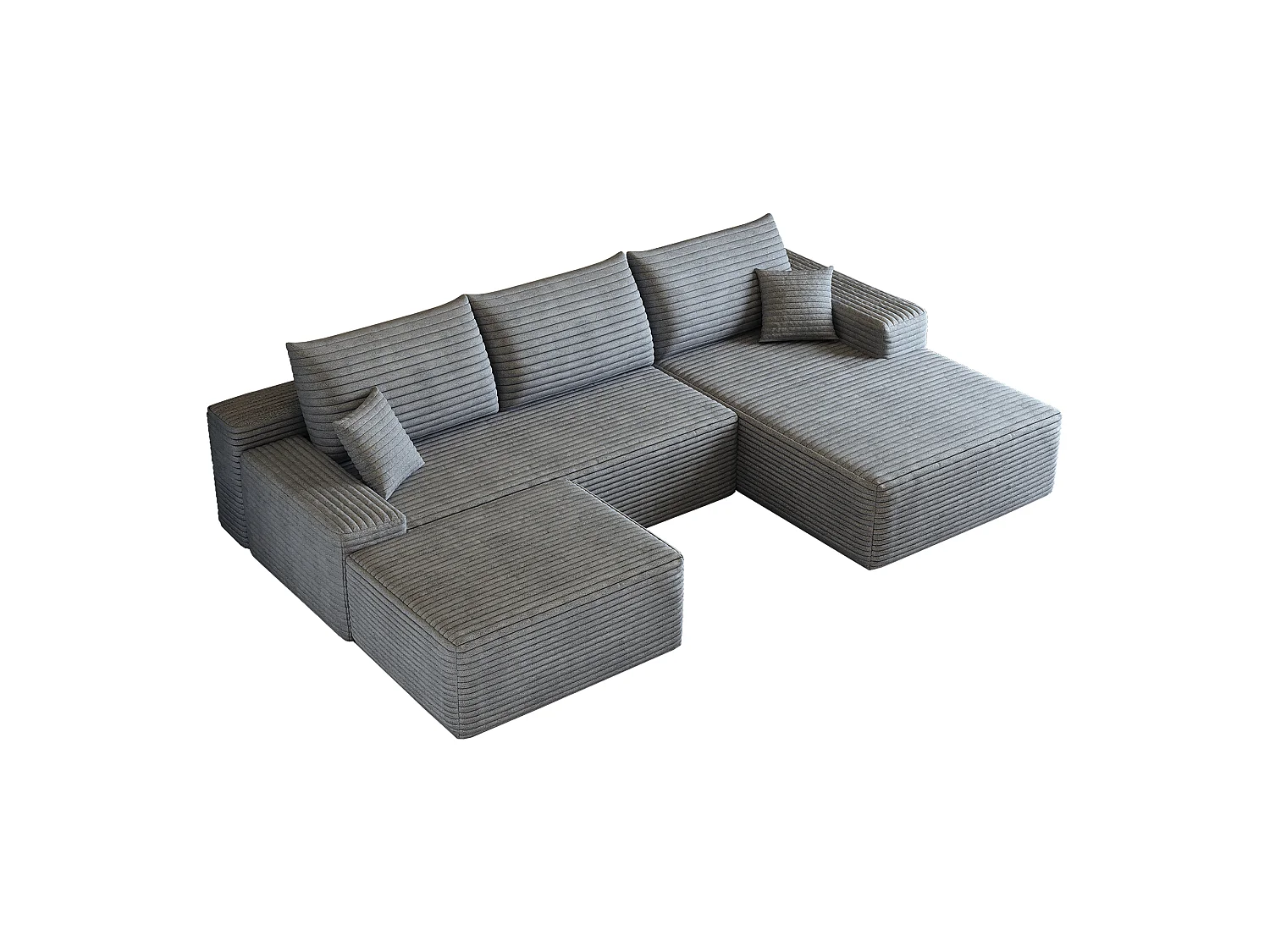 Canapé d'angle sans armature, en L à droite, avec des coussins d'assise profonds, 2 places + 1 repose-pieds, prêt à l'emploi, gris