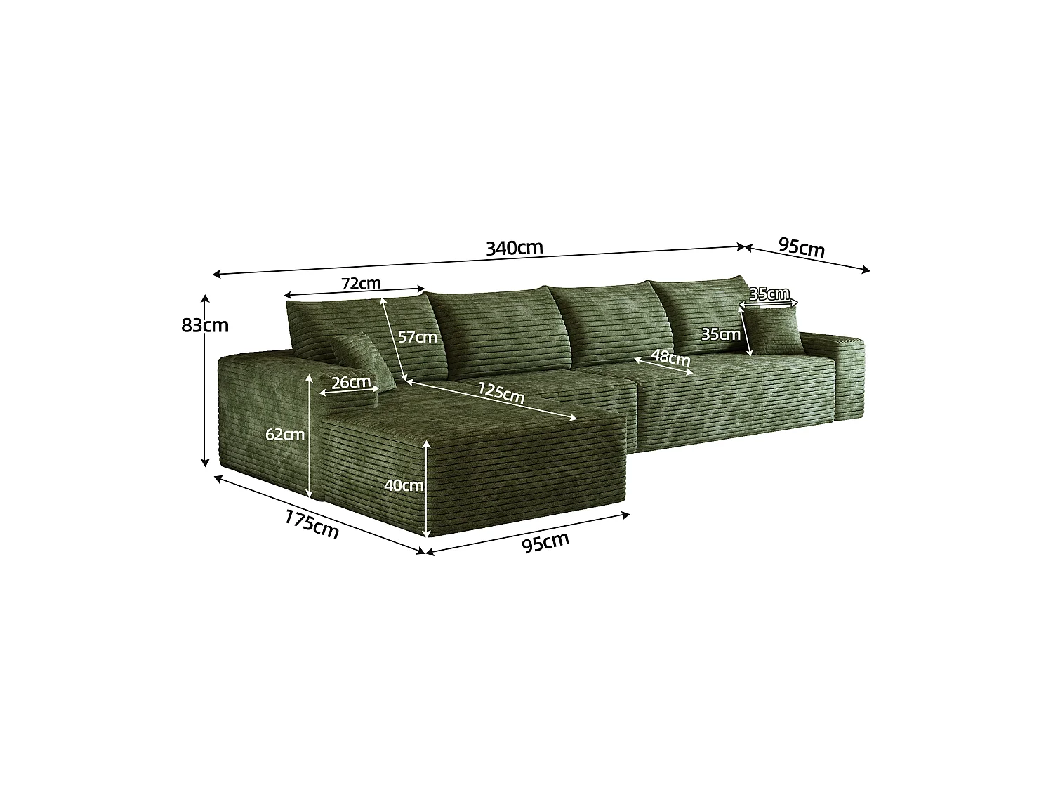 Canapé d'angle modulaire sans armature, en L à gauche, avec des coussins d'assise profonds, prêt à l'emploi, vert