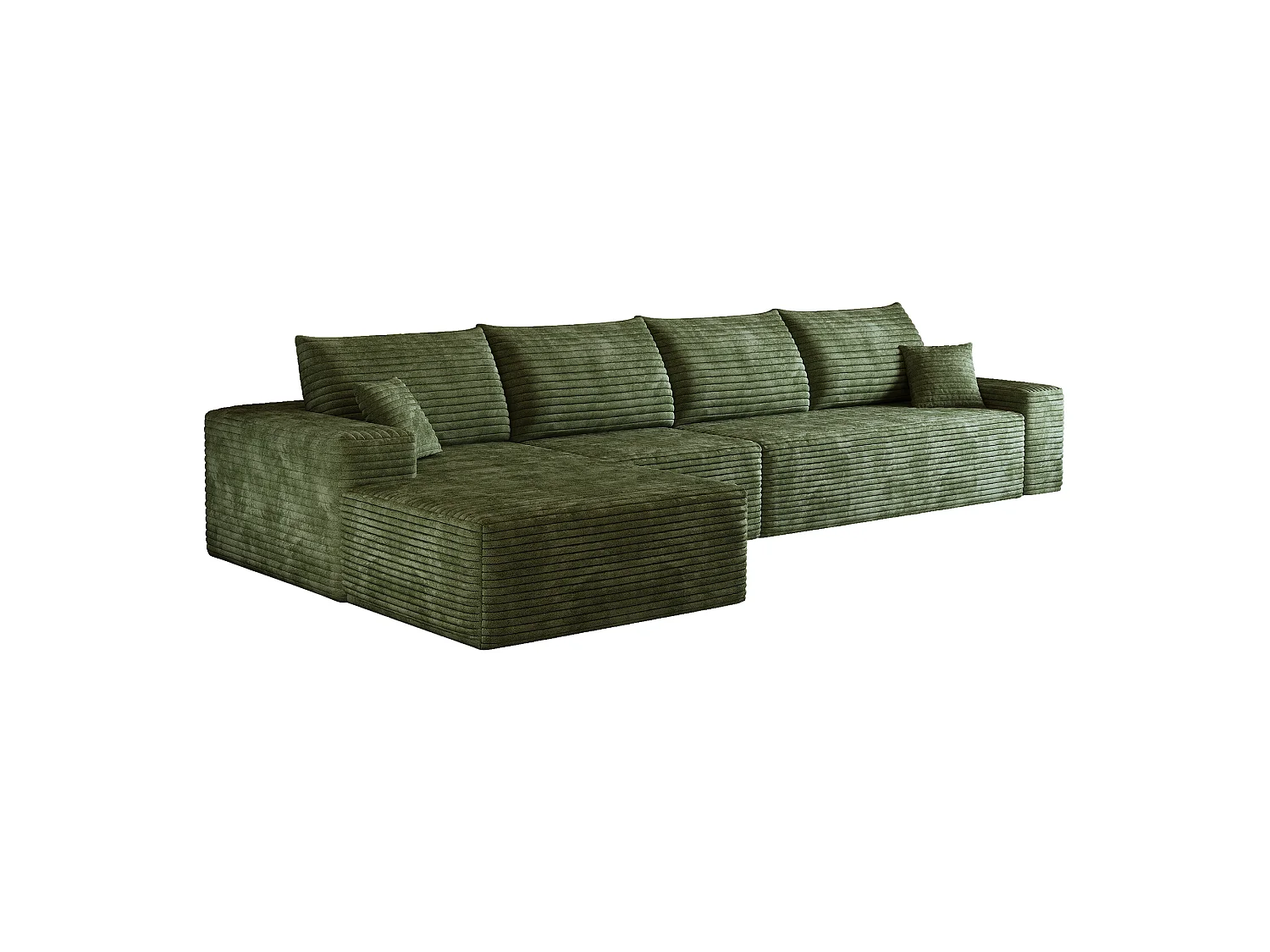Canapé d'angle modulaire sans armature, en L à gauche, avec des coussins d'assise profonds, prêt à l'emploi, vert