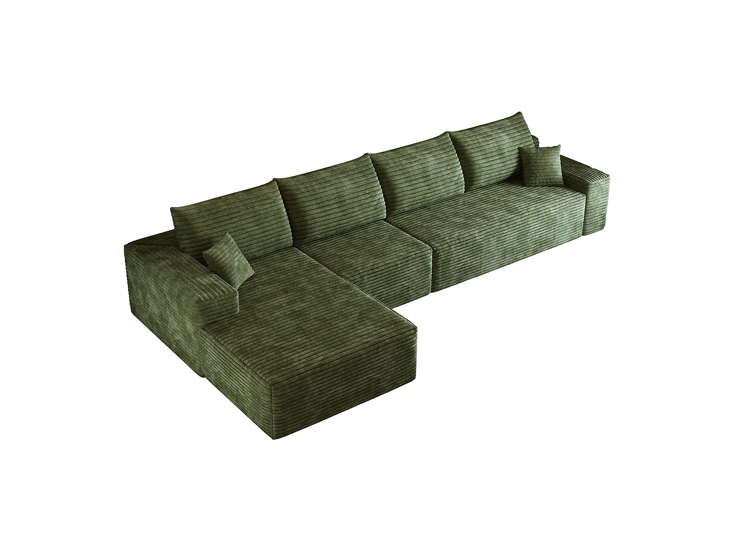 Canapé d'angle modulaire sans armature, en L à gauche, avec des coussins d'assise profonds, prêt à l'emploi, vert
