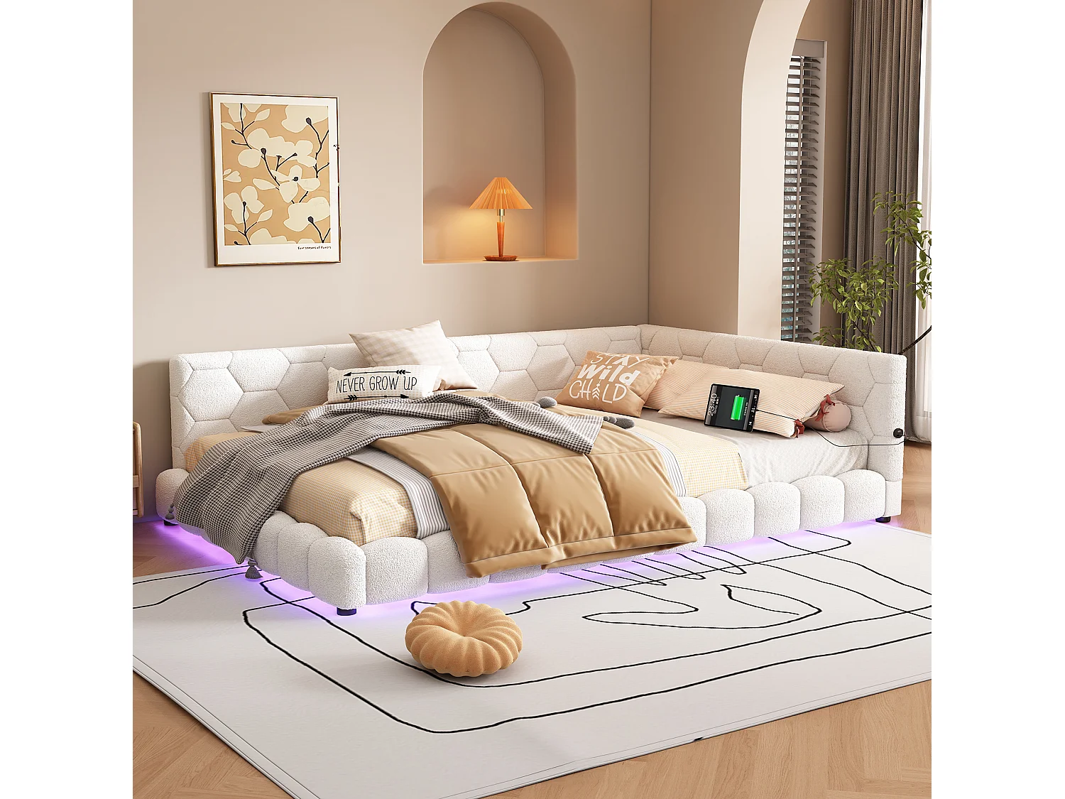 Canapé-lit 140 × 200 cm, lit avec sommier à lattes, éclairage d'ambiance à 16 couleurs, port USB-C, tissu imitation peluche, blanc