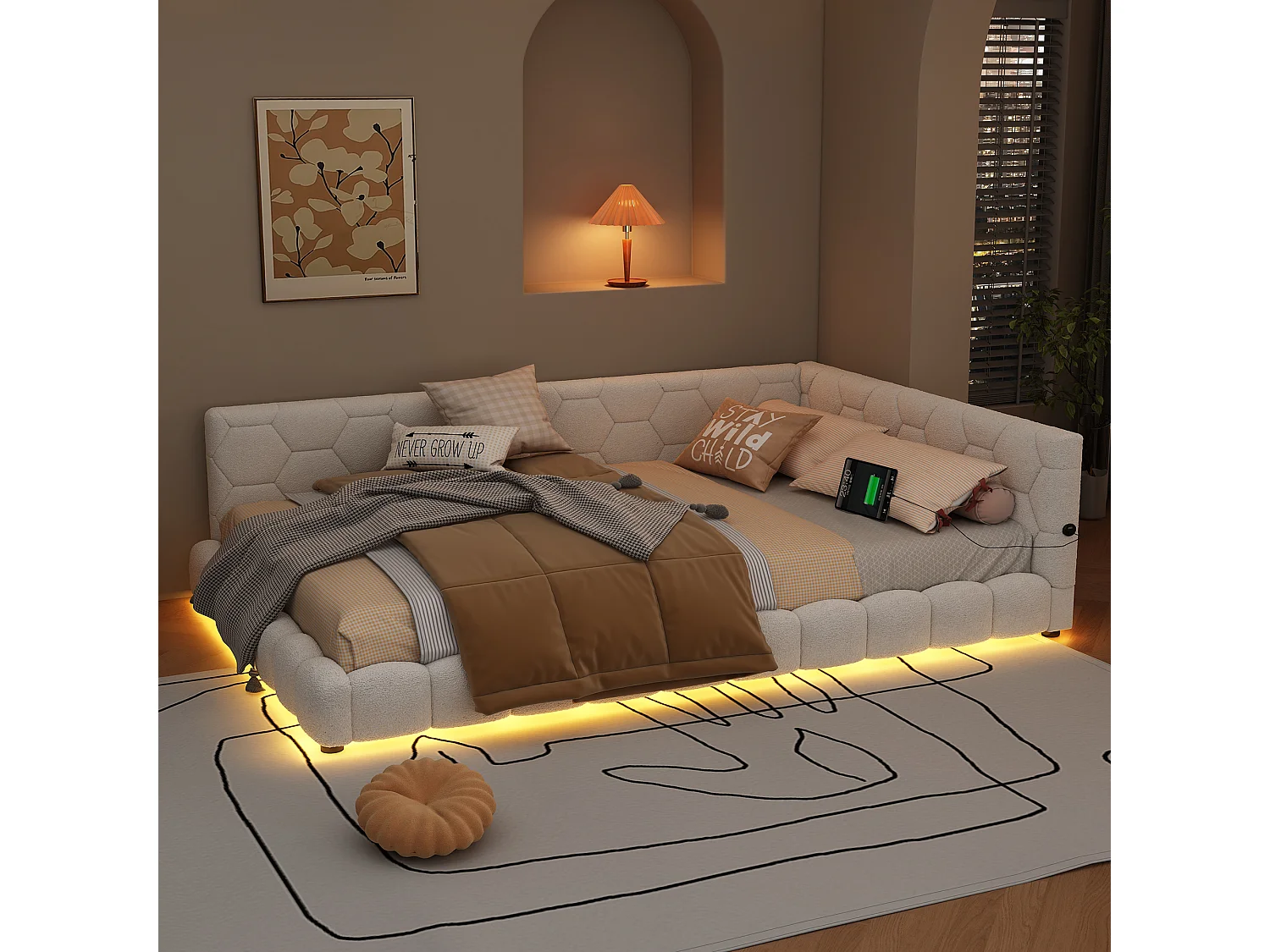 Canapé-lit 140 × 200 cm, lit avec sommier à lattes, éclairage d'ambiance à 16 couleurs, port USB-C, tissu imitation peluche, blanc
