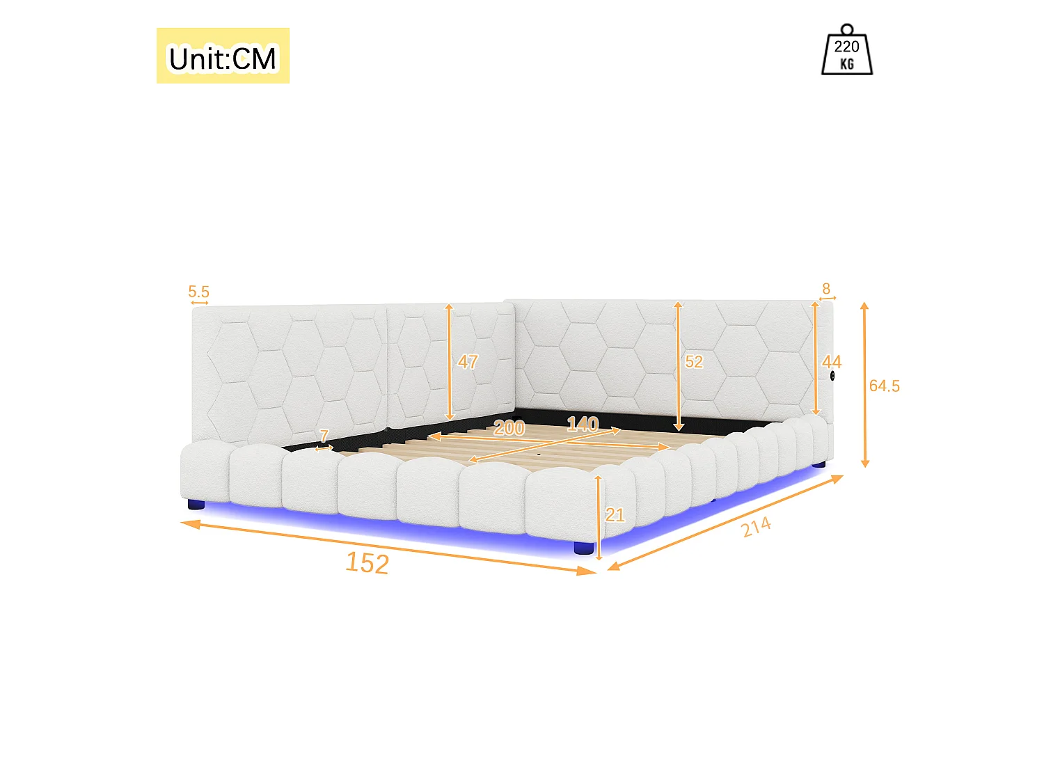 Canapé-lit 140 × 200 cm, lit avec sommier à lattes, éclairage d'ambiance à 16 couleurs, port USB-C, tissu imitation peluche, blanc