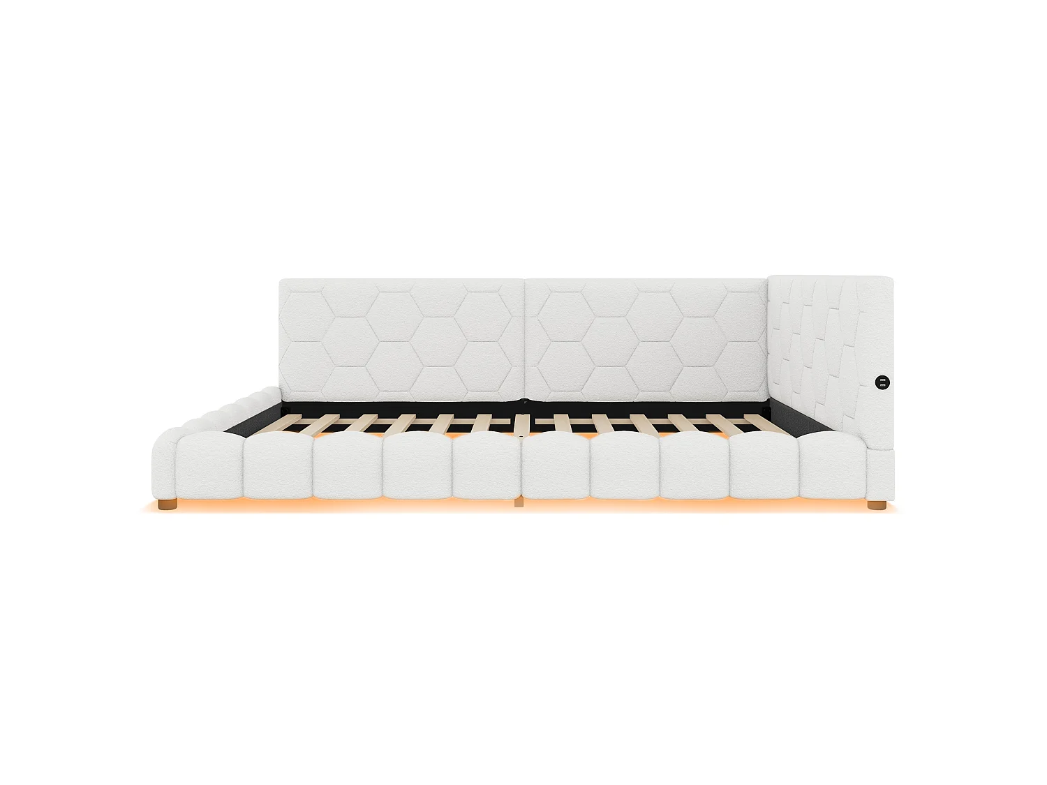 Canapé-lit 140 × 200 cm, lit avec sommier à lattes, éclairage d'ambiance à 16 couleurs, port USB-C, tissu imitation peluche, blanc