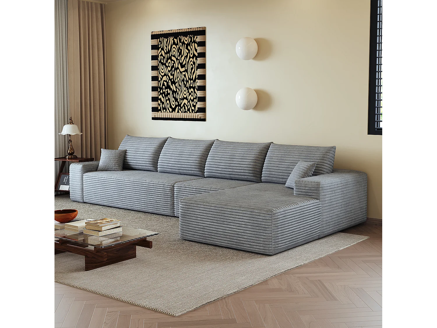 Canapé d'angle modulaire sans armature, en L à droite, avec des coussins d'assise profonds, prêt à l'emploi, gris