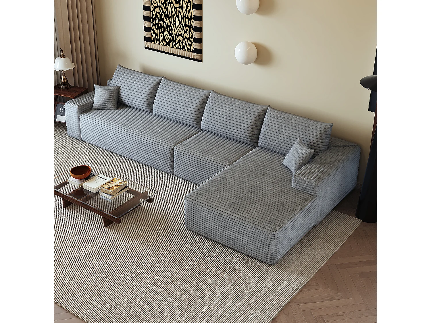 Canapé d'angle modulaire sans armature, en L à droite, avec des coussins d'assise profonds, prêt à l'emploi, gris