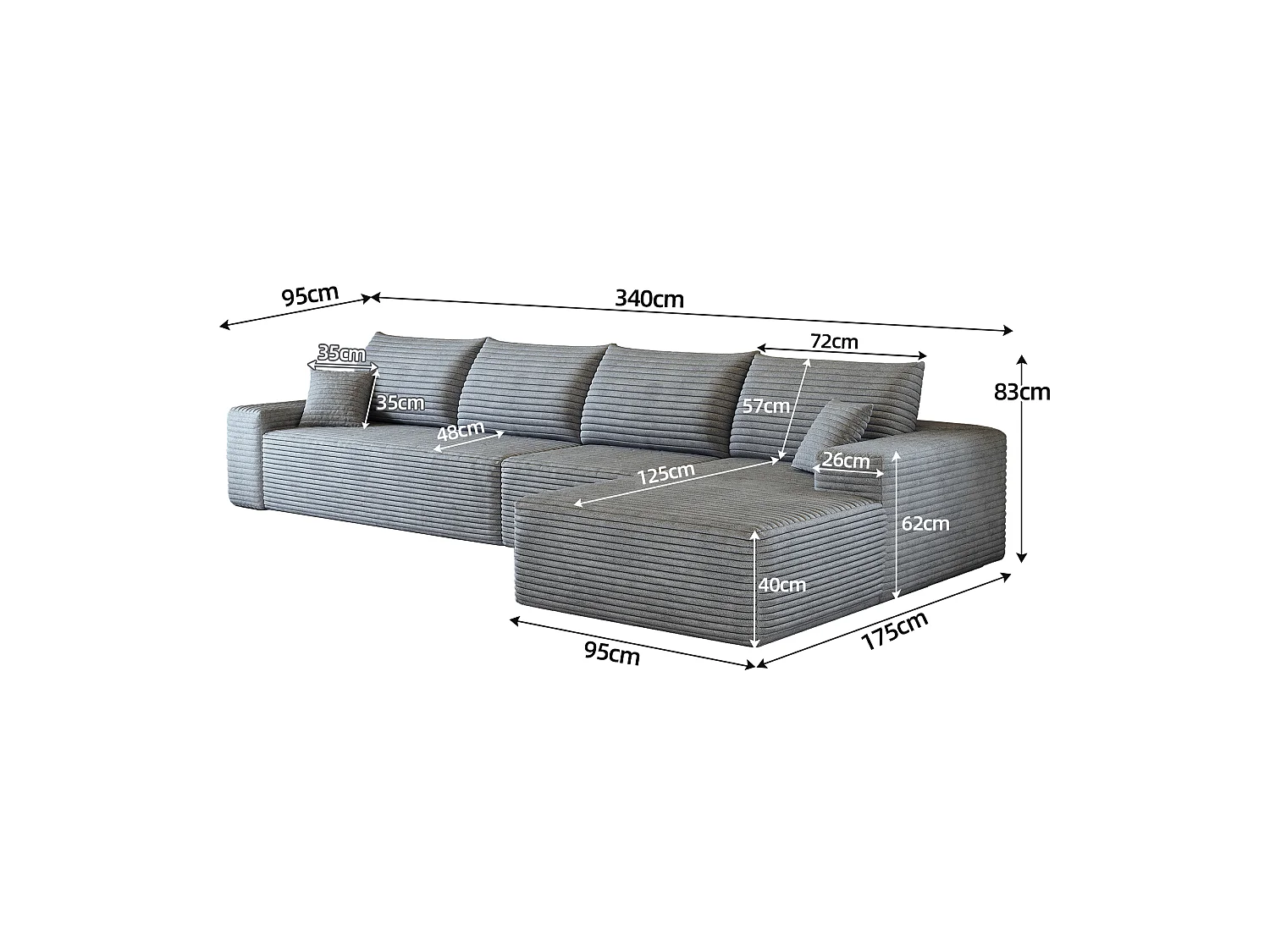 Canapé d'angle modulaire sans armature, en L à droite, avec des coussins d'assise profonds, prêt à l'emploi, gris
