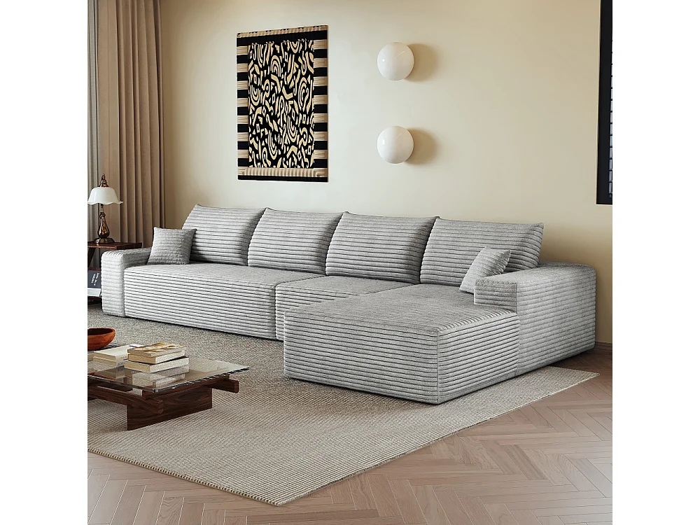 Canapé d'angle modulaire sans armature, en L à droite, avec des coussins d'assise profonds, prêt à l'emploi, gris