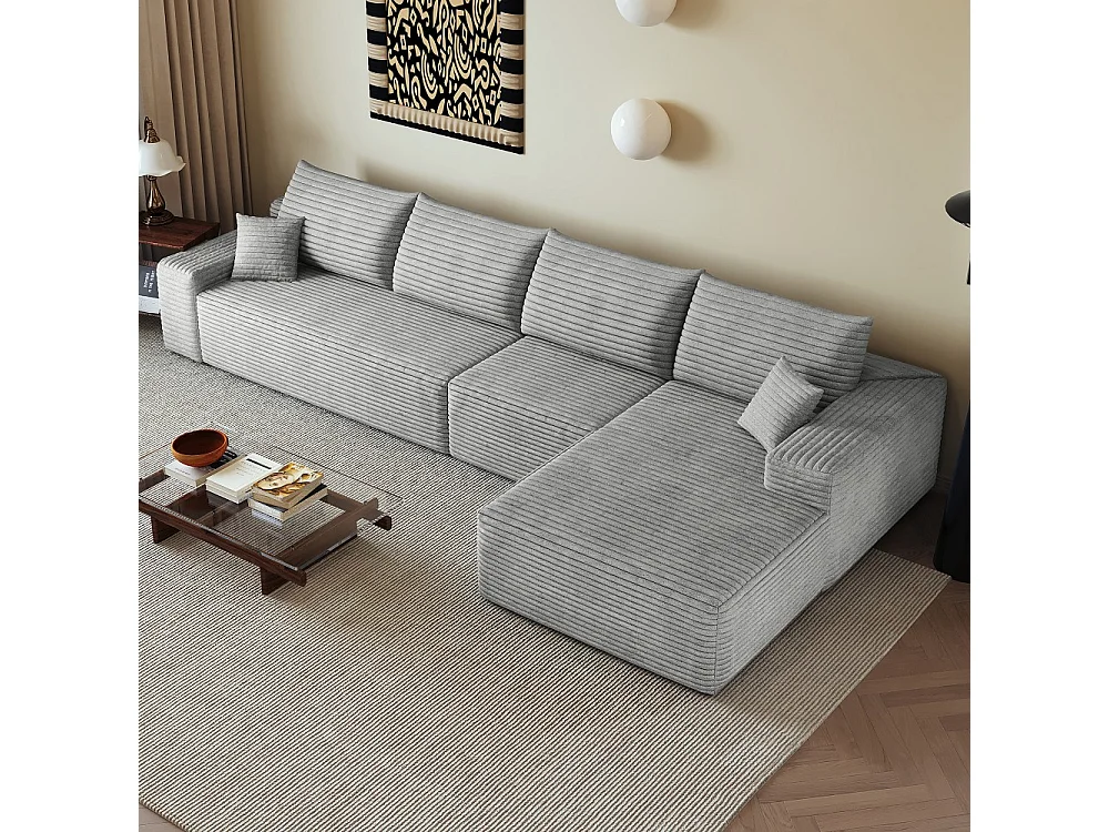Canapé d'angle modulaire sans armature, en L à droite, avec des coussins d'assise profonds, prêt à l'emploi, gris