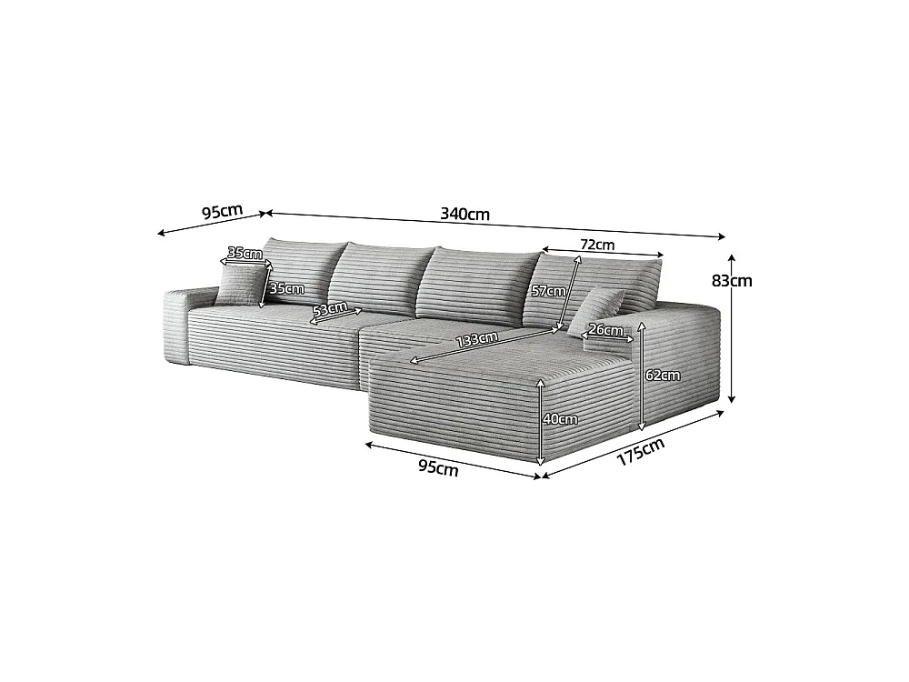 Canapé d'angle modulaire sans armature, en L à droite, avec des coussins d'assise profonds, prêt à l'emploi, gris