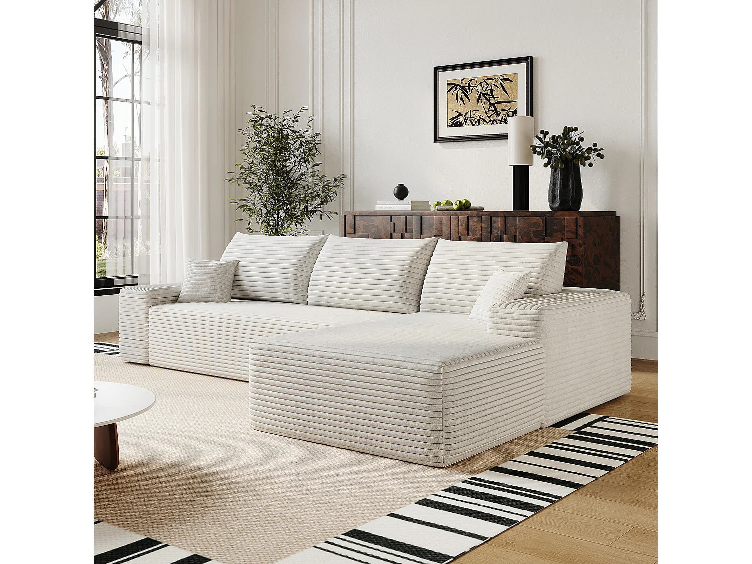 Canapé d'angle modulaire sans armature, avec partie en L à droite, assise profonde, prêt à l'emploi, blanc