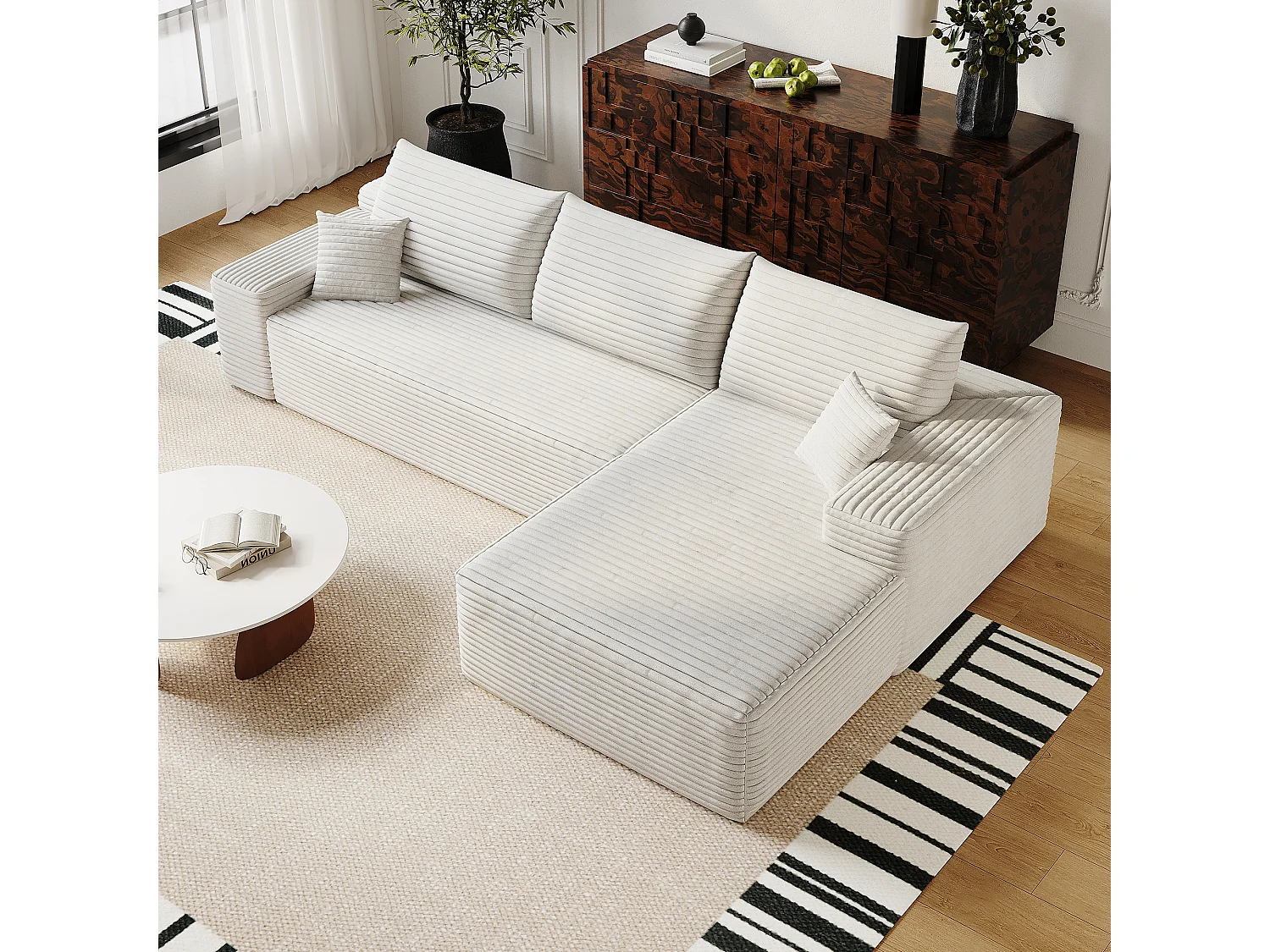 Canapé d'angle modulaire sans armature, avec partie en L à droite, assise profonde, prêt à l'emploi, blanc