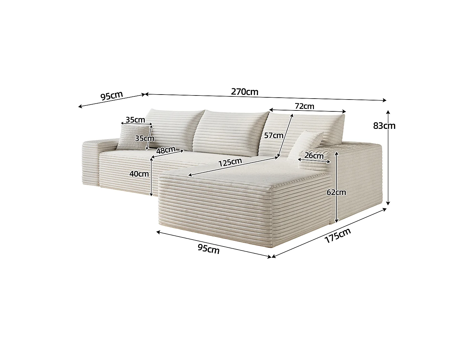 Canapé d'angle modulaire sans armature, avec partie en L à droite, assise profonde, prêt à l'emploi, blanc