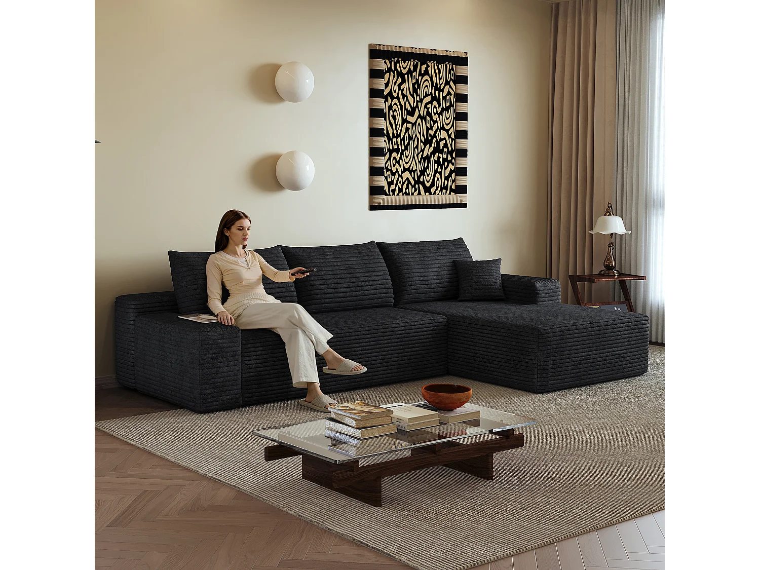 Canapé d'angle modulaire sans armature, avec partie en L à droite, assise profonde, prêt à l'emploi, noir