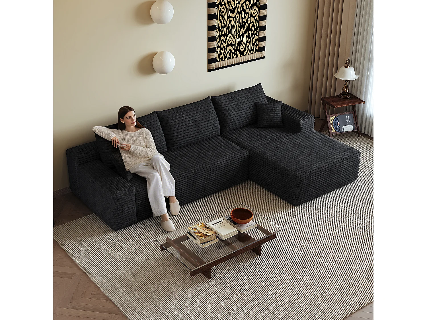 Canapé d'angle modulaire sans armature, avec partie en L à droite, assise profonde, prêt à l'emploi, noir