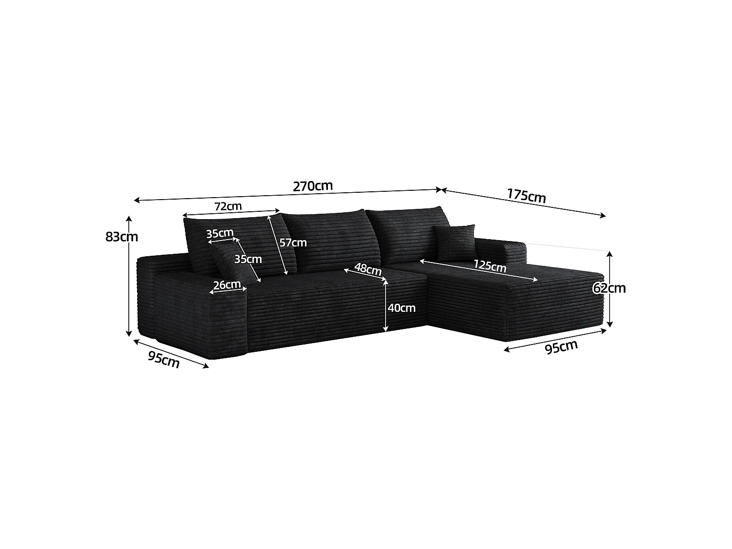 Canapé d'angle modulaire sans armature, avec partie en L à droite, assise profonde, prêt à l'emploi, noir