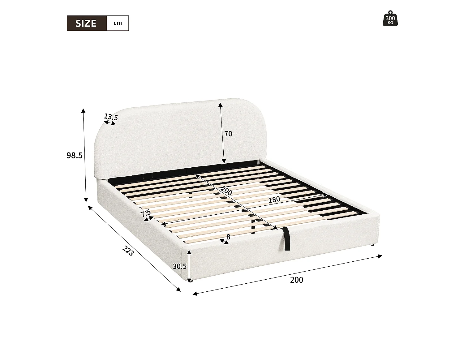 Lit pour adulte rembourré, rangement hydraulique, avec sommier, tête de lit, tête de lit rembourrée, tissu bouclé, beige - 180 x 200 cm