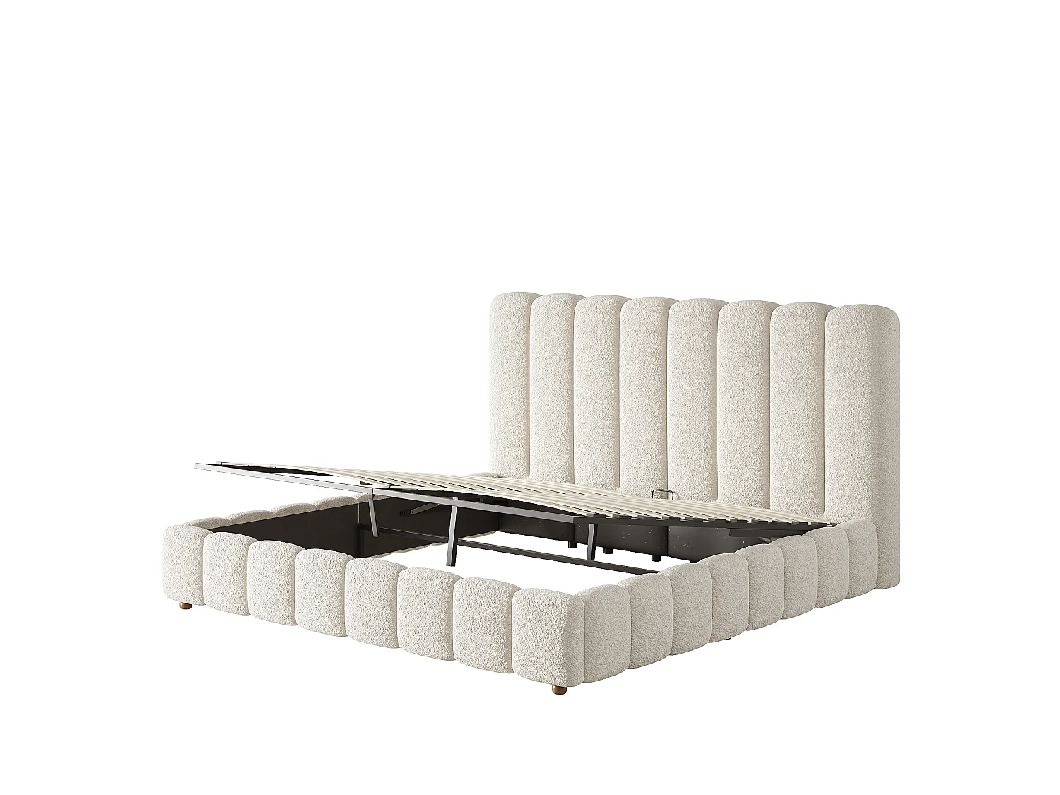 Letto matrimoniale imbottito, contenitore idraulico, con rete e testiera, testiera imbottita, tessuto bouclé, bianco - 160 × 200 cm
