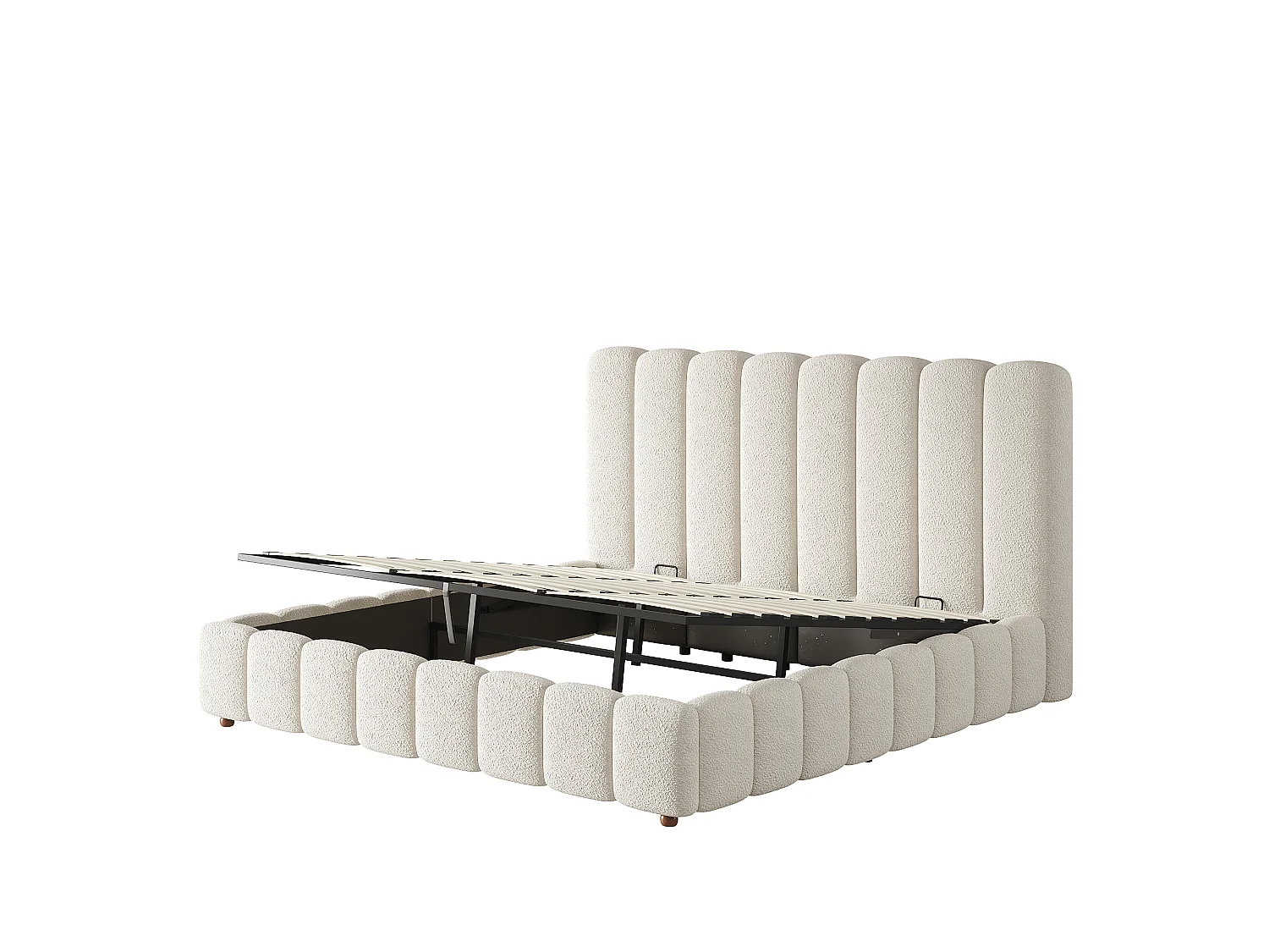 Cama de casal estofada, com arrumação hidráulica, com base e cabeceira, cabeceira estofada, tecido felpudo, branco - 180 × 200 cm