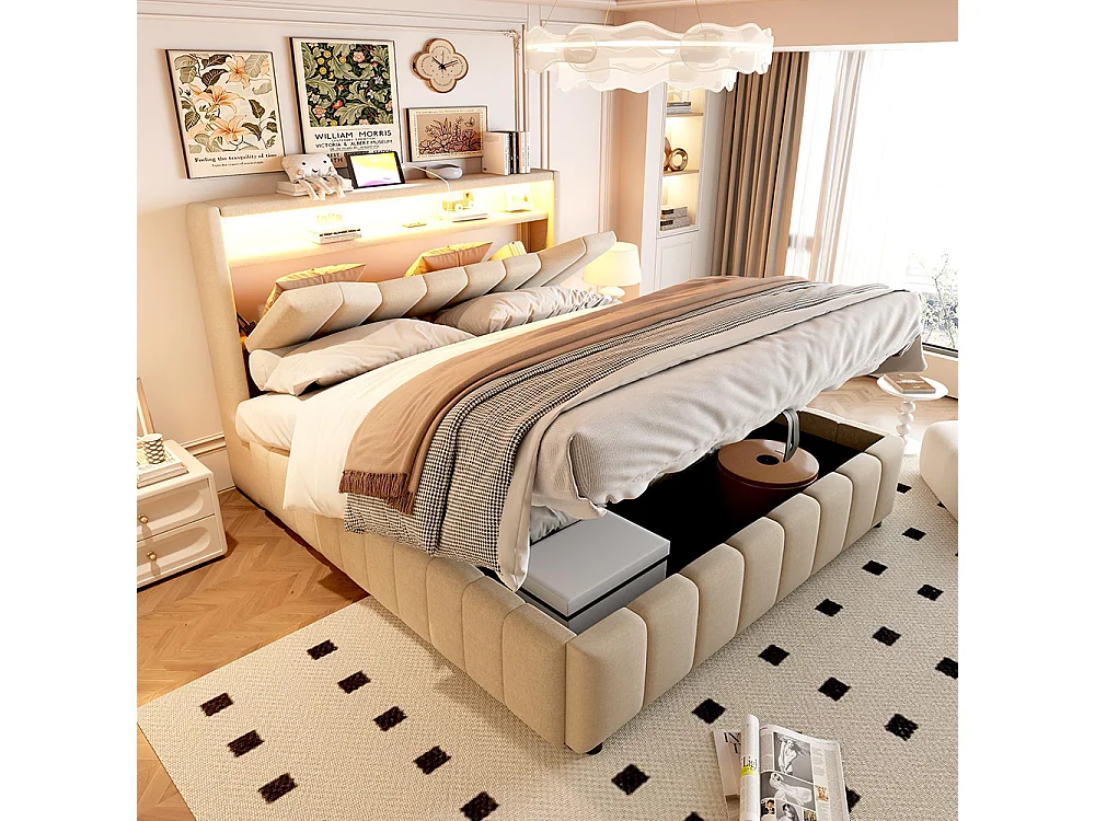 Cama de adulto 180 x 200 cm, arrumação hidráulica, equipada com uma faixa luminosa LED, portas de carregamento USB e USB-C, tecido de linho,  bege