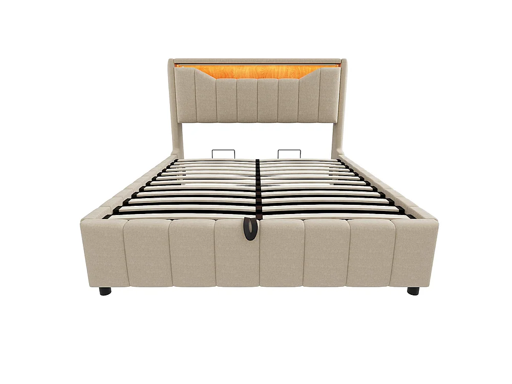 Cama de adulto 180 x 200 cm, arrumação hidráulica, equipada com uma faixa luminosa LED, portas de carregamento USB e USB-C, tecido de linho,  bege
