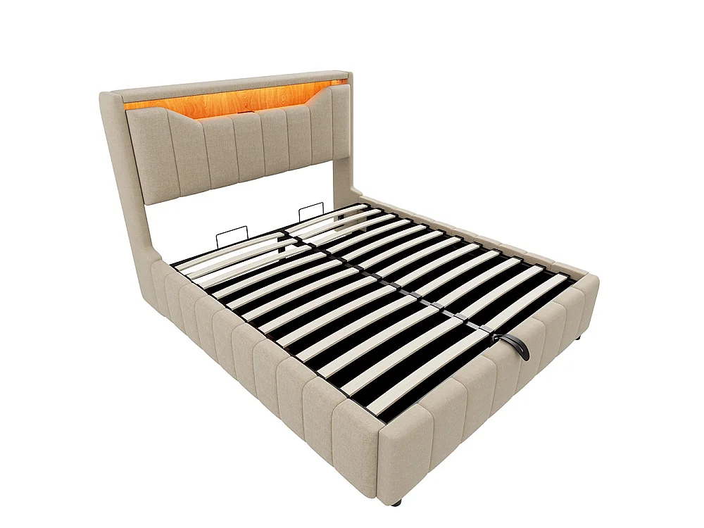 Cama de adulto 180 x 200 cm, arrumação hidráulica, equipada com uma faixa luminosa LED, portas de carregamento USB e USB-C, tecido de linho,  bege