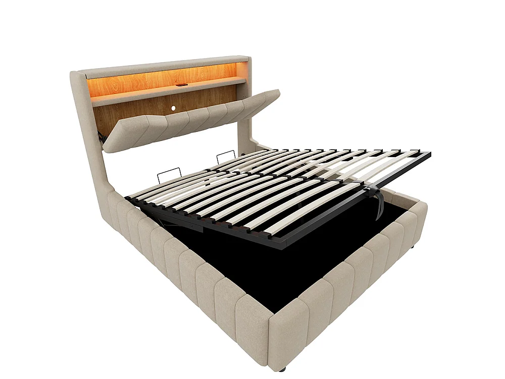 Cama de adulto 180 x 200 cm, arrumação hidráulica, equipada com uma faixa luminosa LED, portas de carregamento USB e USB-C, tecido de linho,  bege